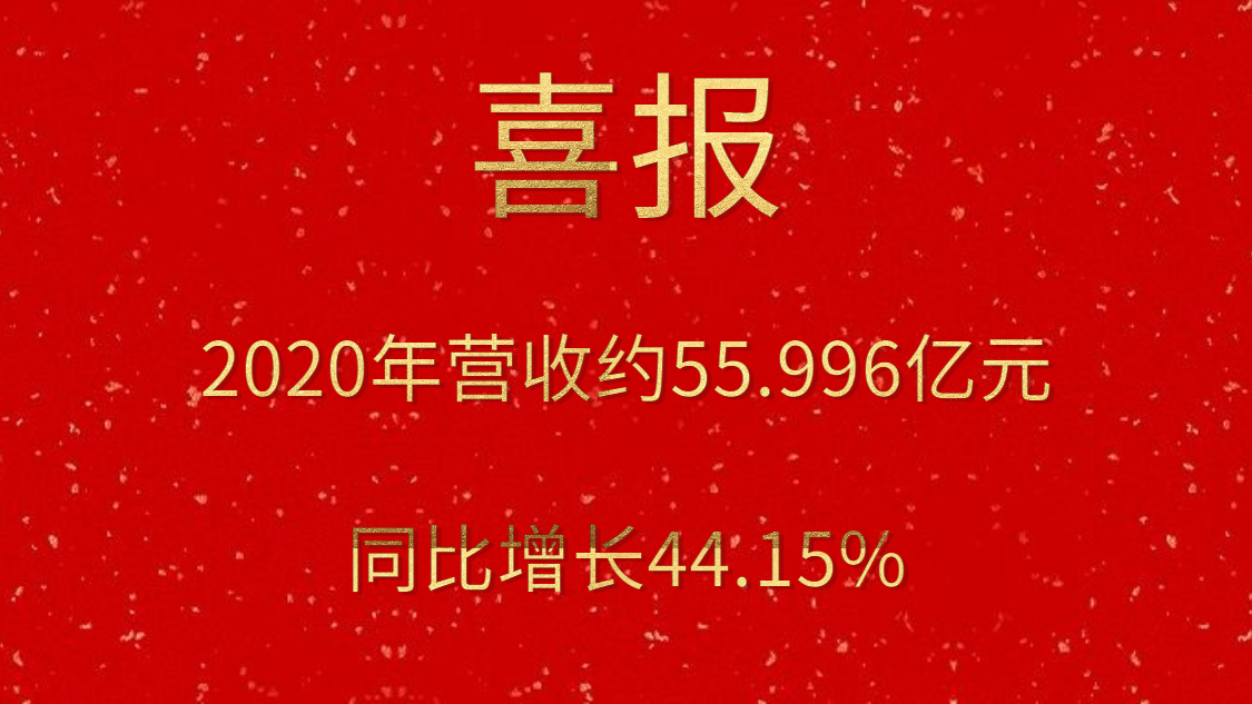 喜报！2020年营收约55.996亿元，，，，同比增添44.15%